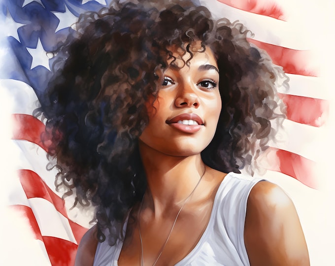 Afro American Girl Clipart, Woman Usa Flag Images, 10 Watercolor Clip Art, Printable JPGs, Instant Download, Commercial Use, Paper craft