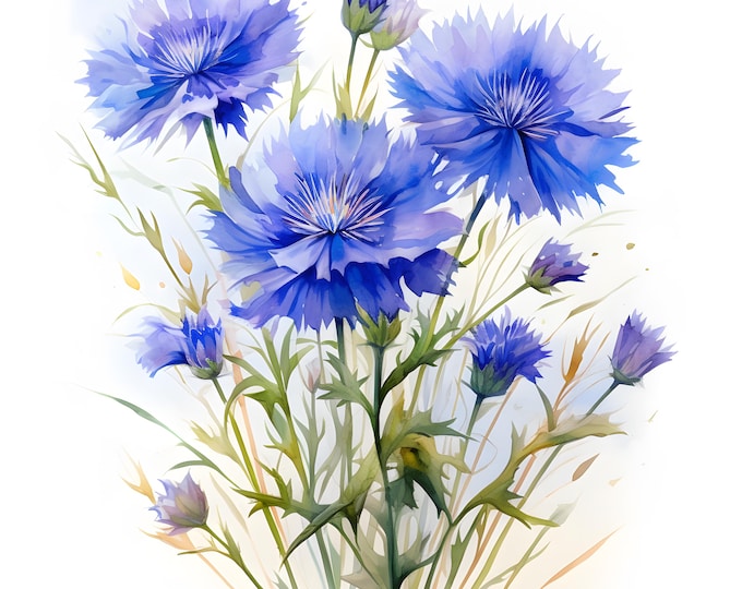 Blue Cornflowers Clipart, Cornflower Bouquet Images, 10 Watercolor Clip Art, Printable JPGs, Instant Download, Commercial Use, Paper craft