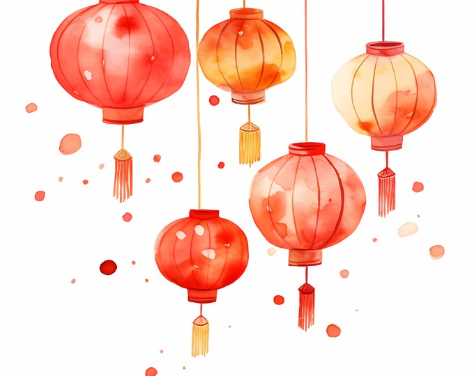Chinese Lanterns Clipart, New Year Lanterns Images, 10 Watercolor Clip Art, Printable JPGs, Instant Download, Commercial Use, Paper craft