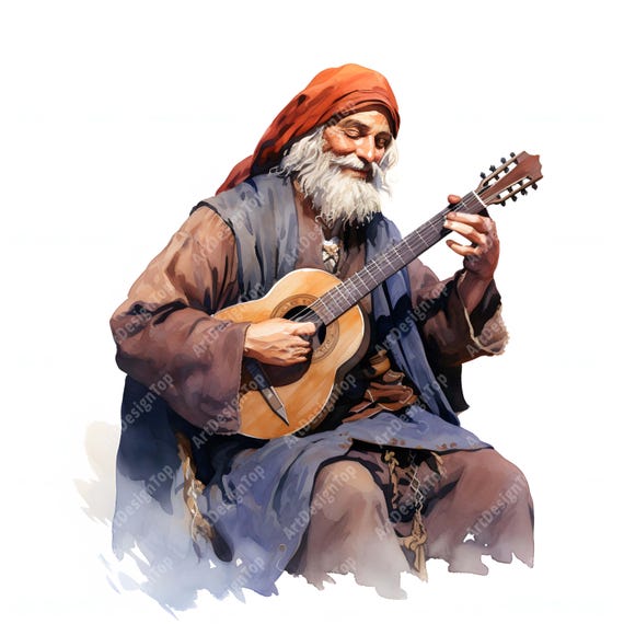 水彩画の中世吟遊詩人のクリップアート：リュート奏者のJPG画像（商用