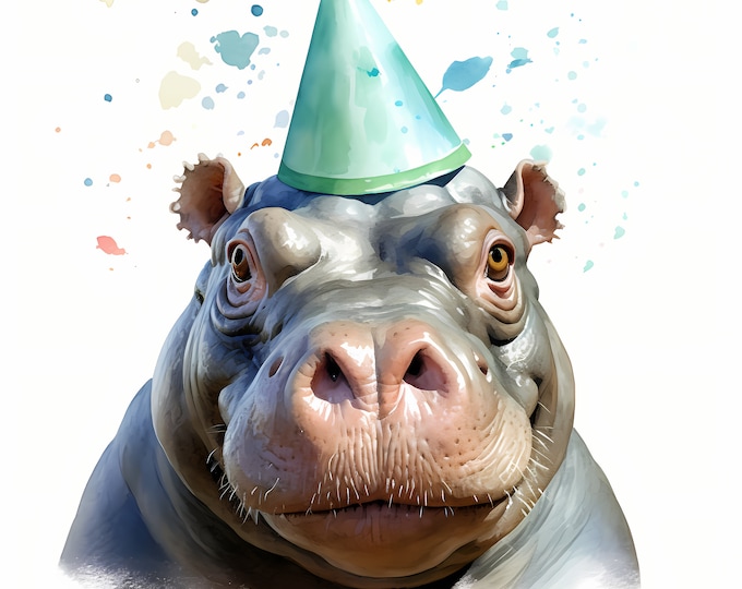 Hippo Clipart, Hippopotamus with Party Hat Images, 10 Watercolor Clip Art, Printable JPGs, Instant Download, Commercial Use, Paper craft