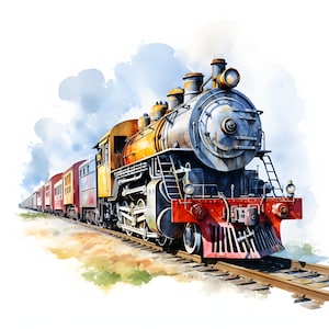 Imágenes prediseñadas de locomotoras, imágenes de trenes clásicos, 10 imágenes prediseñadas de acuarela, JPG imprimibles, descarga instantánea, uso comercial, artesanía de papel