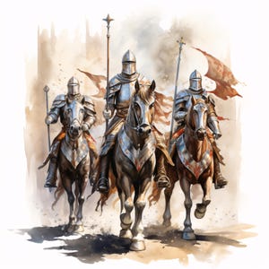May include: A watercolour painting depicting three knights in full armour riding horses. Each knight carries a lance and wears a helmet. The horses are brown and grey, set against a soft, blurred background.
