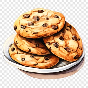 May include: A watercolour illustration of chocolate chip cookies on a white plate. The cookies are a golden brown colour, studded with dark chocolate chips. The image has soft edges and a warm colour palette.