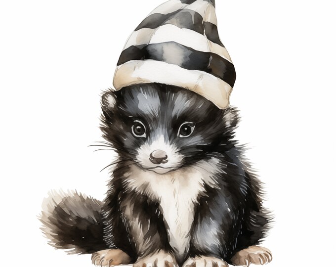 Baby Skunk Clipart, Skunk in Hat Images, 10 Watercolor Clip Art, Printable JPGs, Instant Download, Commercial Use, Paper craft