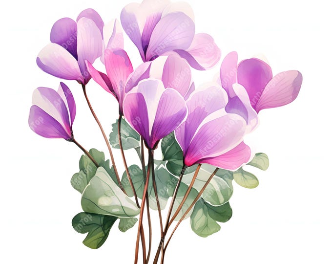 Lilac Cyclamen Clipart, Purple Flowers Images, 10 Watercolor Clip Art, Printable JPGs, Instant Download, Commercial Use, Paper craft