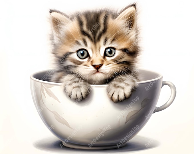 Kitten In Cup Clipart, Teacup Kitten Images, 10 Watercolor Clip Art, Printable JPGs, Instant Download, Commercial Use, Paper craft