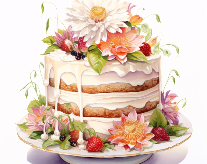 Floral Cake Clipart, Wedding Dessert Images, 10 Watercolor Clip Art, Printable JPGs, Instant Download, Commercial Use, Paper craft