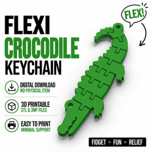 Könnte beinhalten: Ein grüner, beweglicher Krokodil-Schlüsselanhänger mit segmentiertem Körperdesign. Der Text umfasst FLEXI CROCODILE KEYCHAIN, DIGITAL DOWNLOAD NO PHYSICAL ITEM, 3D PRINTABLE STL & 3MF FILES, EASY TO PRINT MINIMAL SUPPORT, FLEX! und FIDGET FUN RELIEF.