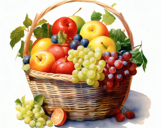 Fruit Basket Clipart, Fresh Produce Images, 10 Watercolor Clip Art, Printable JPGs, Instant Download, Commercial Use, Paper Craft