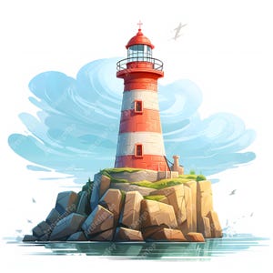Clipart phare, images phare sur rocher, 10 images clipart aquarelle, fichiers JPG imprimables, téléchargement immédiat, usage commercial, créations en papier