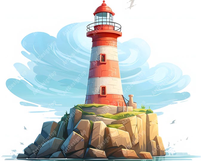 Lighthouse Clipart, Lighthouse On Rock Images, 10 Watercolor Clip Art, Printable JPGs, Instant Download, Commercial Use, Paper craft