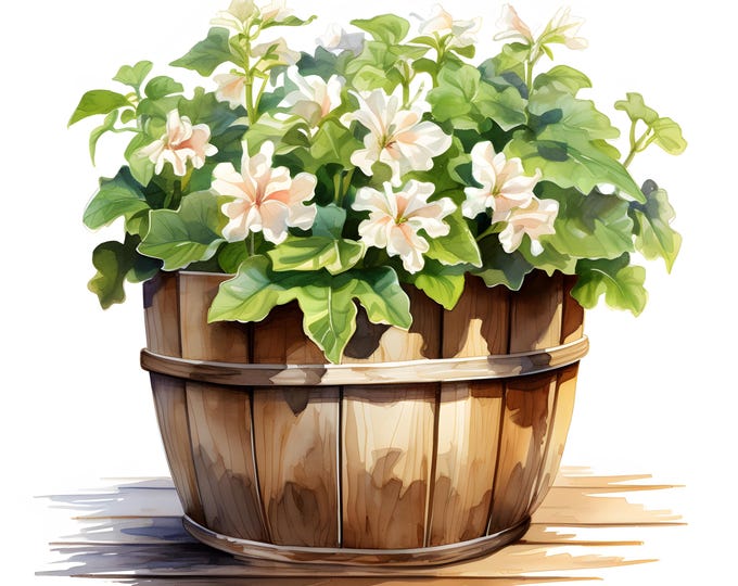 Wooden Flowerpot Clipart, Flowerpot with Flowers Images, 10 Watercolor Clip Art, Printable JPGs, Instant Download, Commercial Use