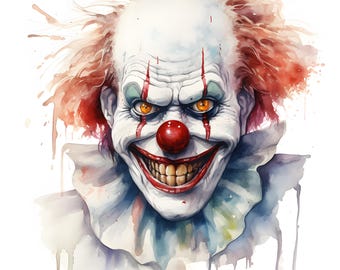 Terrifying Clown Clipart, Scary Clown Images, 10 Watercolor Clip Art, Printable JPGs, Instant Download, Commercial Use, Paper craft