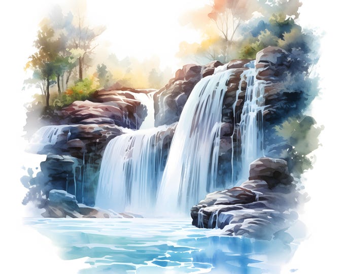 Waterfall Clipart, Water Falls Images, 10 Watercolor Clip Art, Printable JPGs, Instant Download, Commercial Use, Paper craft