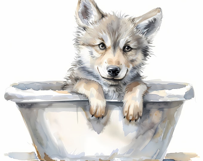 Wolf in Bathtub Clipart, Wolf Washing Images, 10 Watercolor Clip Art, Printable JPGs, Instant Download, Commercial Use, Paper craft