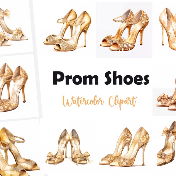 Golden Prom Shoes, Prom Shoes - Watercolor Clipart Set with 10 JPG Images - Instant Download, Commercial Use, Digital Print