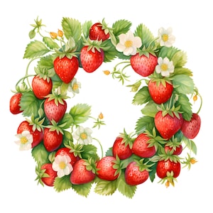 Clipart couronne de fraises, images déco fraises, 10 images clipart aquarelle, fichiers JPG imprimables, téléchargement immédiat, usage commercial, créations en papier