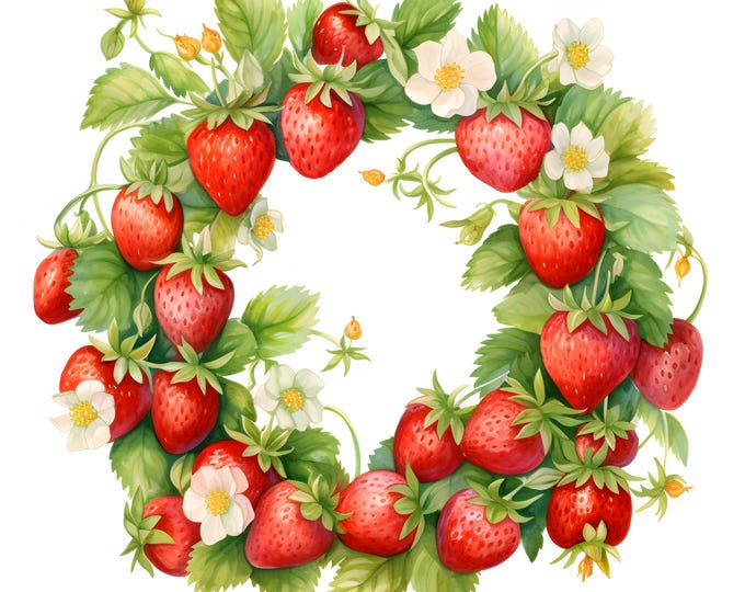 Strawberry Wreath Clipart, Strawberry Decor Images, 10 Watercolor Clip Art, Printable JPGs, Instant Download, Commercial Use, Paper craft