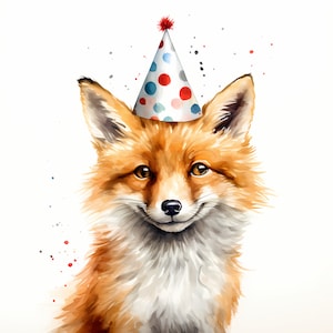 Fuchs Clipart, Fuchs mit Partyhut, 10 Aquarell Clip Art, druckbare JPGs, Sofort Download, kommerzielle Nutzung, Papiermodell