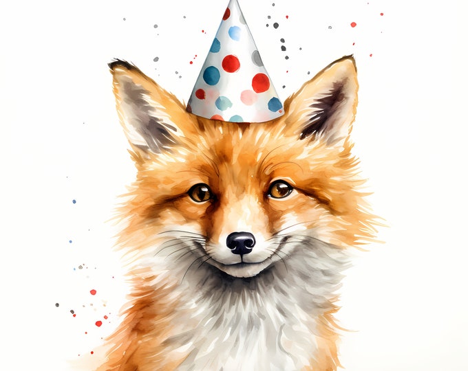 Fox Clipart, Fox with Party Hat Images, 10 Watercolor Clip Art, Printable JPGs, Instant Download, Commercial Use, Paper craft