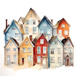 Clipart di case scandinave, immagini di cottage invernali, 10 clipart ad acquerello, JPG stampabili, download immediato, uso commerciale, artigianato di carta