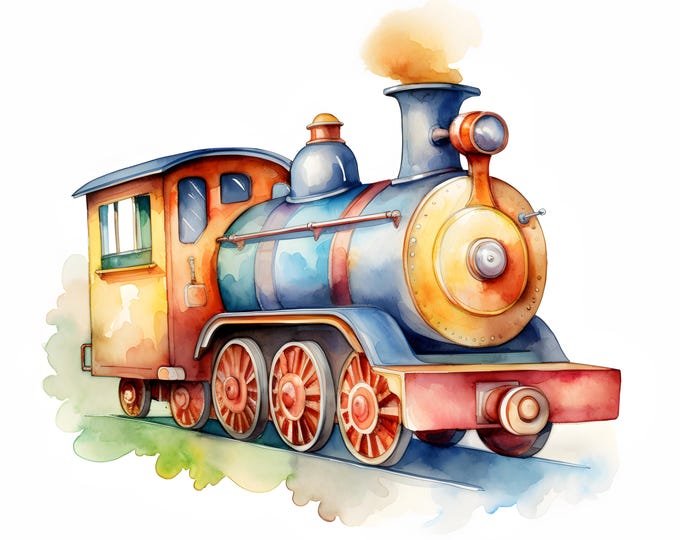 Toy Train Clipart, Little Trains Images, 10 Watercolor Clip Art, Printable JPGs, Instant Download, Commercial Use, Paper craft
