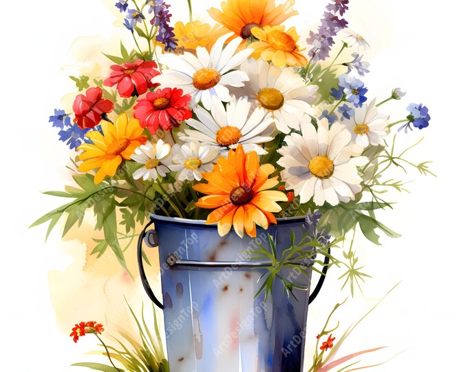 Flowers In Bucket Clipart,  Wildflowers Bucket Images, 10 Watercolor Clip Art, Printable JPGs, Instant Download, Commercial Use, Paper craft