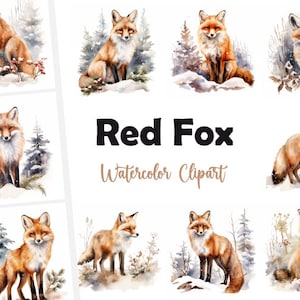 Clipart volpe rossa, volpe in immagini invernali, 10 clipart ad acquerello, JPG stampabili, download istantaneo, uso commerciale, artigianato con la carta