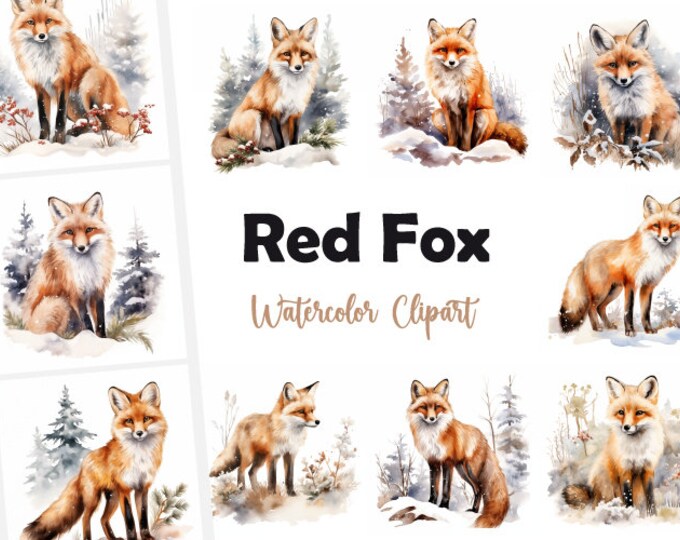 Red Fox Clipart, Fox in Winter Images, 10 Watercolor Clip Art, Printable JPGs, Instant Download, Commercial Use, Paper craft