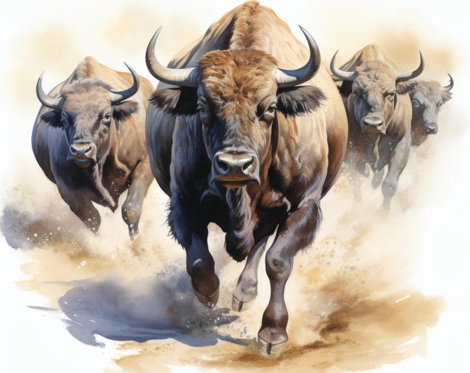 Running Buffalo Clipart, Wild Bison Images, 10 Watercolor Clip Art, Printable JPGs, Instant Download, Commercial Use, Paper craft