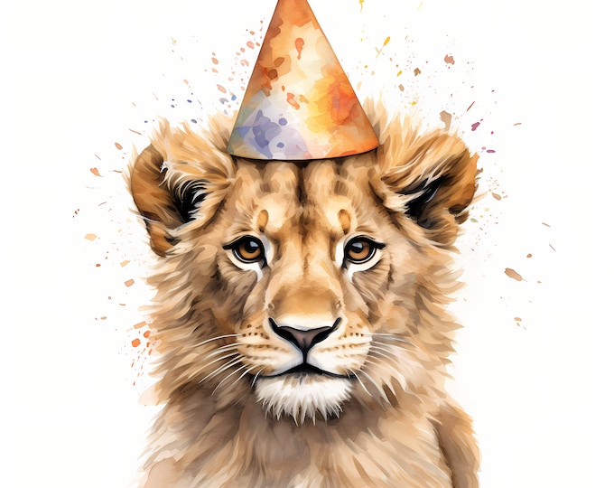 Lion Clipart, Lion with Party Hat Images, 10 Watercolor Clip Art, Printable JPGs, Instant Download, Commercial Use, Paper craft