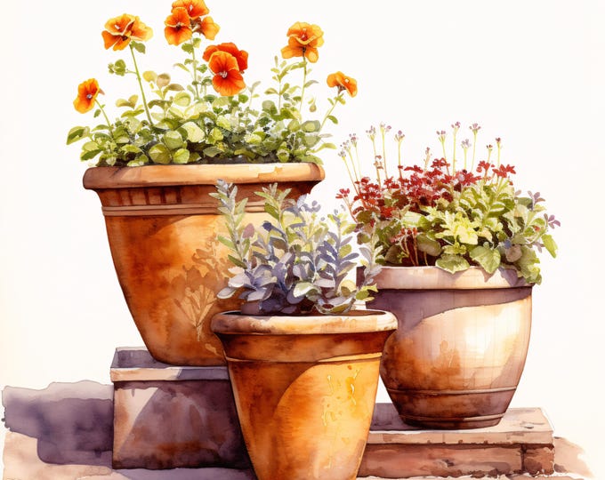Flower Pot Clipart, Rustic Garden Pots Images, 10 Watercolor Clip Art, Printable JPGs, Instant Download, Commercial Use, Paper craft