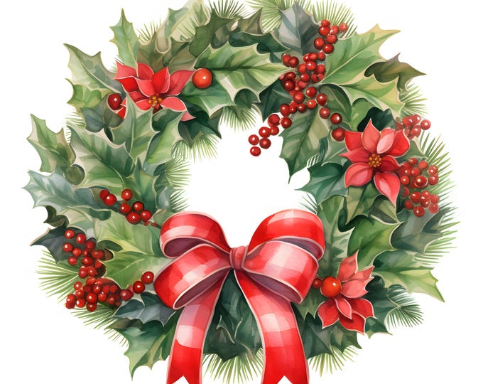 Christmas Wreath Clipart, Winter Holly Wreath Images, 10 Watercolor Clip Art, Printable JPGs, Instant Download, Commercial Use, Paper craft