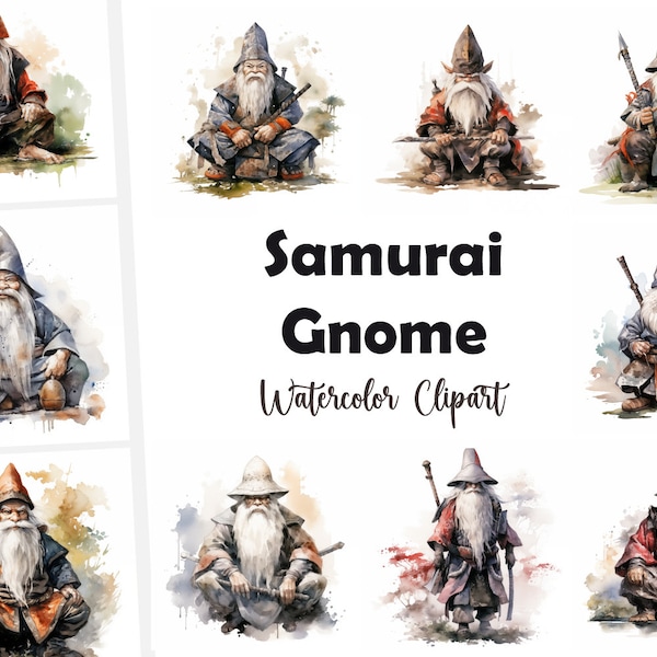 Samurai Gnome, Japanese Warrior Gnome - Watercolor Clipart Set with 10 JPG Images - Instant Download, Commercial Use, Digital Prints