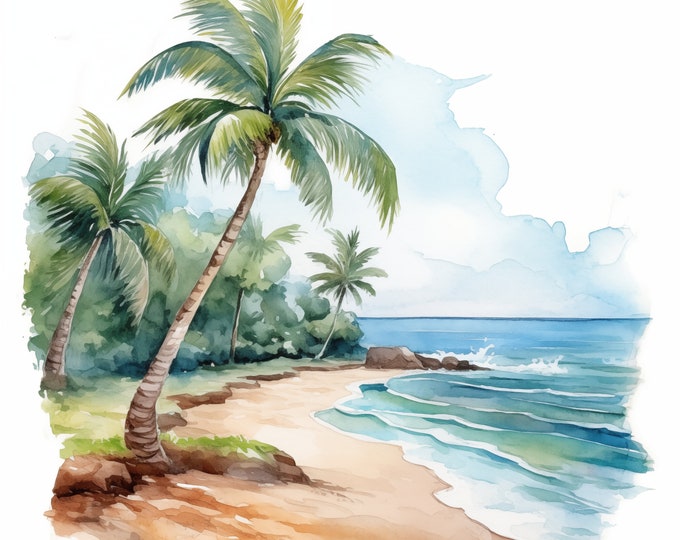 Tropical Beach Clipart, Beach Landscape Images, 10 Watercolor Clip Art, Printable JPGs, Instant Download, Commercial Use, Paper craft