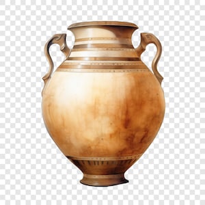 Peut inclure: Un grand vase en céramique arrondi présentant une finition tachetée dans des tons de brun et de beige. Le récipient possède deux anses incurvées sur les côtés et un col large orné de bandes horizontales aux nuances de brun variées.