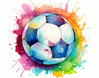 May include: A watercolor painting of a soccer ball with colorful splashes of paint in the background.