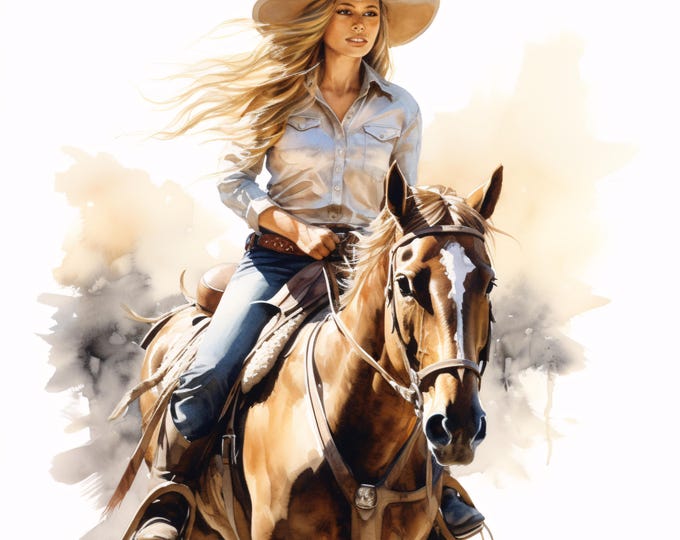 Cowgirl Horseback Clipart, Western Rider Images, 10 Watercolor Clip Art, Printable JPGs, Instant Download, Commercial Use, Paper Craft