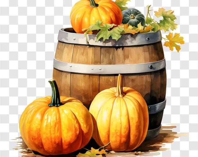10 PNG Fall Pumpkins, Pumpkins With Wood Barrel Clipart, Watercolor Clip Art, Instant Download, Commercial Use, Paper craft