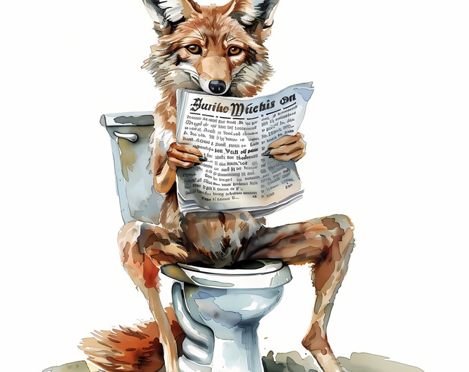 Coyote Clipart, Coyote on the Toilet Images, 10 Watercolor Clip Art, Printable JPGs, Instant Download, Commercial Use, Paper craft