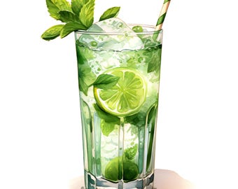 Mojito Cocktail Clipart, Alcohol Drinks Images, 10 Watercolor Clip Art, Printable JPGs, Instant Download, Commercial Use, Paper craft