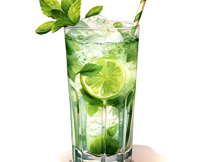 Mojito Cocktail Clipart, Alcohol Drinks Images, 10 Watercolor Clip Art, Printable JPGs, Instant Download, Commercial Use, Paper craft