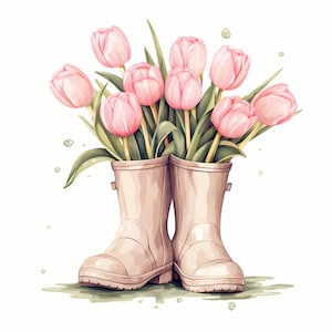 Rain Boots Clipart, Rubber Boots with Tulips Images, 10 Watercolor Clip Art, Printable JPGs, Instant Download, Commercial Use, Paper craft