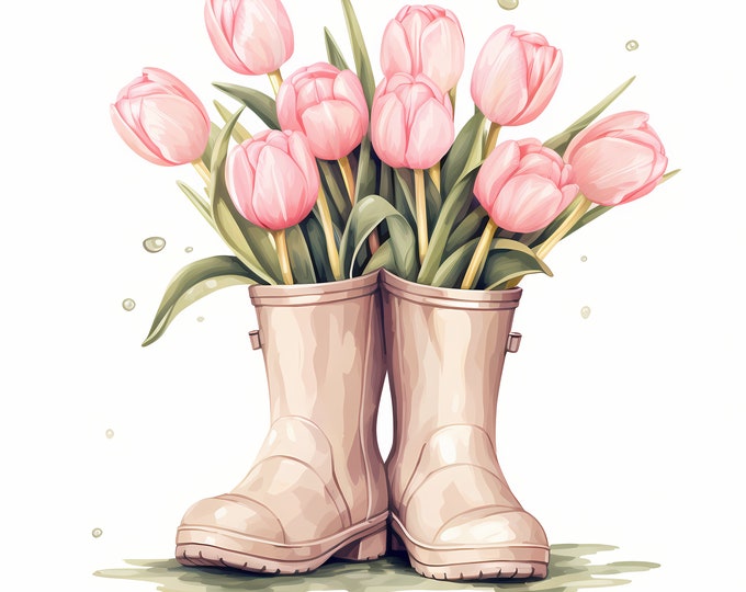 Rain Boots Clipart, Rubber Boots with Tulips Images, 10 Watercolor Clip Art, Printable JPGs, Instant Download, Commercial Use, Paper craft