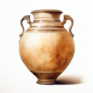 May include: A large, two-handled vase with a light brown and cream color scheme. The vase features decorative bands of brown and cream around the neck and base. The handles have a curved, ornate design. The vase is set against a white background.