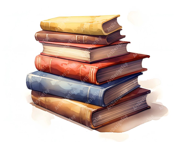 Stack of Books Clipart, Colorful Books Images, 10 Watercolor Clip Art, Printable JPGs, Instant Download, Commercial Use, Paper craft