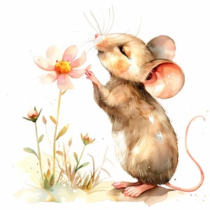 Cute Mouse Clipart, Mouse with Flower Images, 10 Watercolor Clip Art, Printable JPGs, Instant Download, Commercial Use, Paper craft