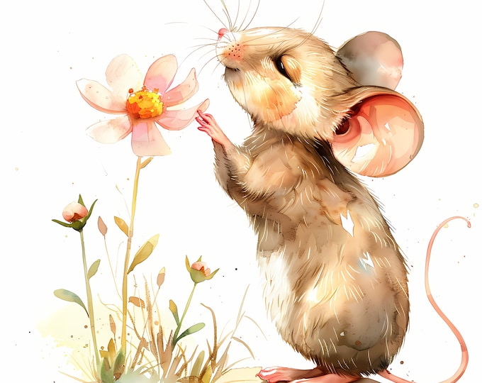 Cute Mouse Clipart, Mouse with Flower Images, 10 Watercolor Clip Art, Printable JPGs, Instant Download, Commercial Use, Paper craft