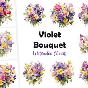 10 Violet Bouquet, Flowers Bouquet JPG, Watercolor Clipart, High Quality JPGs, Digital Download, High Resolution, Commercial Use